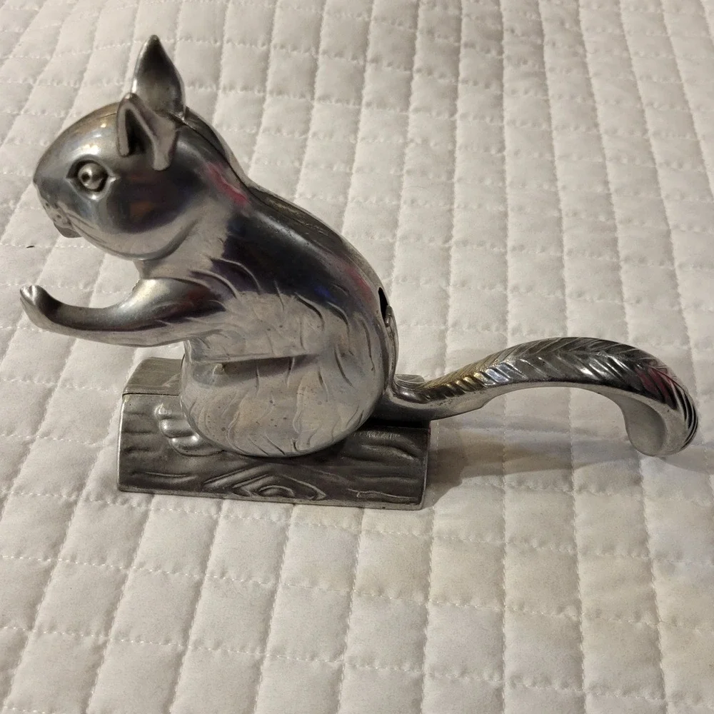 VTG Squirrel on Log Nutcracker Aluminum Metal Collectible Fun Cute Whimsical 90s